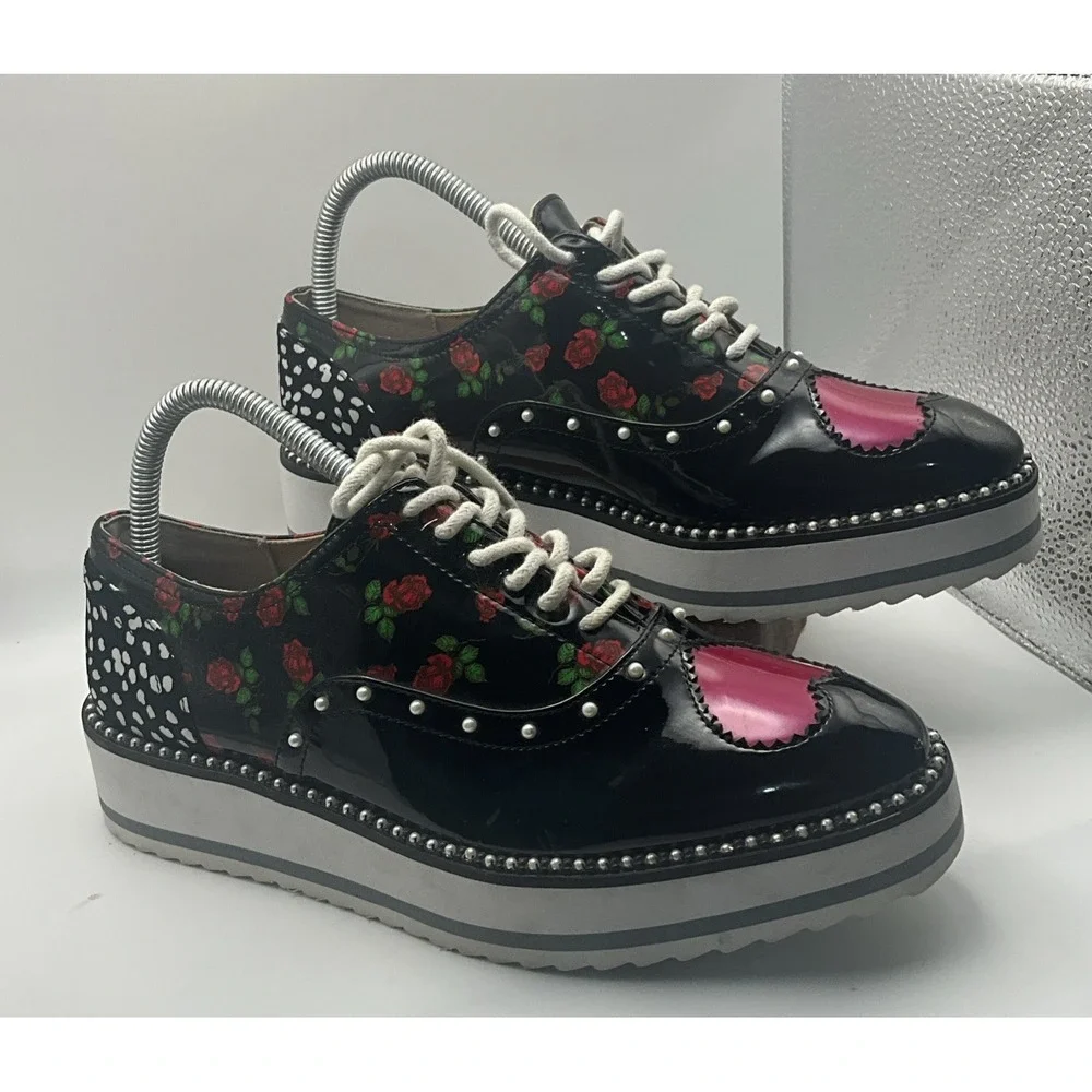 Betsey Johnson Marti Platform Oxford Shoes 7.5 Patent Leather Punk Pearls Hearts